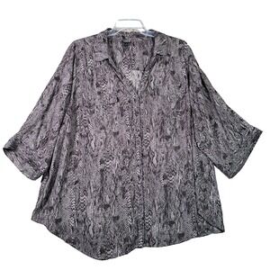 Torrid Blouse Women 4X Black Gray‎ Snakeskin Print 3/4 Sleeve Boho Artsy Maximal